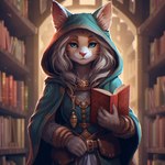 2023 anthro bag belt blue_clothing blue_eyes book bookshelf cloak clothed clothing female fur furniture hair hood looking_at_viewer pink_nose robe smile solo white_body white_fur white_hair sappy_(director) felid feline mammal