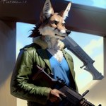 anthro canid clothing gun holding_object jacket male mammal neck_tuft ranged_weapon rifle shirt solo stern_look topwear tuft weapon