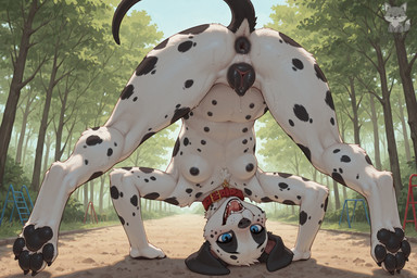 animal_genitalia animal_pussy anthro anus ass_up black_anus black_claws black_nipples black_pawpads black_pussy blue_eyes bodily_fluids butt butt_focus canine_genitalia canine_pussy claws collar domestic dripping female forest fur furniture genital_fluids genitals looking_at_viewer looking_back looking_back_at_viewer multi_nipple nipples pawpads plant playground presenting presenting_anus presenting_hindquarters presenting_pussy pussy pussy_focus pussy_juice pussy_juice_drip raised_tail solo spread_legs spreading tree wet wet_body wet_fur white_body white_fur young young_female zuko1dk canid canine canis dalmatian domestic_dog mammal pinscher hi_res story story_in_description