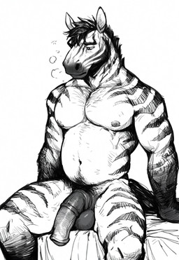 anatomically_correct anatomically_correct_genitalia anatomically_correct_penis animal_genitalia animal_penis anthro balls bed belly biceps big_penis biped black_balls black_hair bodily_fluids body_hair chest_hair equine_genitalia equine_penis flaccid fur furniture genitals hair half-erect happy_trail looking_down male manly medial_ring musclegut muscular muscular_anthro muscular_male navel nipples nude pecs penis pubes simple_background sitting slightly_chubby snout solo striped_body striped_fur stripes tired triceps vein white_background unknown_director equid equine mammal zebra black_and_white greyscale hi_res monochrome