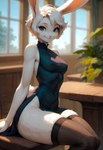 anthro blue_eyes blurred_background breasts clothing dress female fur inside legwear mouth_closed nipple_outline sitting skindentation small_breasts smile solo thick_thighs thigh_highs white_body white_fur ayo_keito lagomorph leporid mammal rabbit absurd_res hi_res