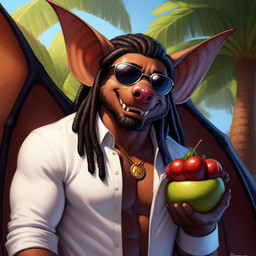 anthro clothing dreadlocks eyewear food fruit light male plant solo sunglasses sunlight tropical white_clothing jackson_maxston_(director) bat mammal