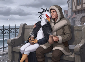 4_fingers anthro belt beverage cloak cloak_only clothing cloud cloudy fantasy feathered_crest feathers featureless_chest female female_anthro feral fingers hand_on_shoulder head_crest holding_beverage holding_object hood_up interspecies jacket male male/female male_human medieval nuzzling relaxing scuted_hands scuted_legs scutes sea seaside sitting sitting_on_bench snow solo steam topwear town water white_body white_feathers winged_arms wings winter wrought_iron_fence terraraptor world_of_midria accipitriform ambient_bird avian bird human mammal secretary_bird director_name hi_res