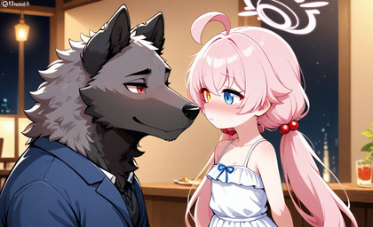 accessory anthro beverage black_body black_fur blue_eyes blush clothed clothing container countershading dress duo eye_contact female food fur furniture grey_body grey_fur hair hair_accessory halo heterochromia human_on_anthro inside interspecies long_hair looking_at_another male male/female narrowed_eyes notched_ear orange_eyes pigtails pink_hair pink_halo red_eyes restaurant reverse_countershading ribbon smile table topwear arturowolff_(director) blue_archive arturowolff hoshino_(blue_archive) canid canine canis human mammal wolf attempted_signature