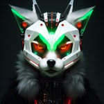 ambiguous_gender anthro armor black_nose cybernetics fur glowing glowing_eyes headgear helmet icefoxai machine red_eyes solo white_body white_fur