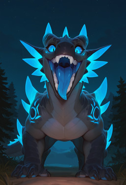 bodily_fluids feral forest glowing glowing_eyes glowing_markings horn looking_at_viewer male markings mouth_shot mythology night open_mouth plant saliva scales spikes teeth tongue tree uvula mavrek dragon mythological_creature mythological_scalie scalie absurd_res hi_res huge_filesize