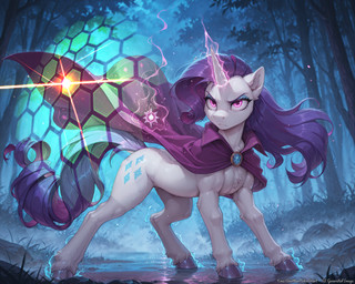 cape clothing female feral flowing_hair flowing_mane forest glowing glowing_eyes glowing_horn hair horn magic magic_shield magic_user plant serious solo standing tree anotherneko friendship_is_magic my_little_pony rarity_(mlp) equid equine mammal unicorn absurd_res hi_res