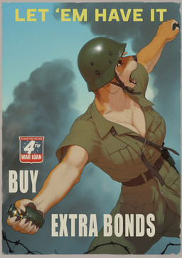 5_fingers armor belt big_breasts black_nose bottomwear breasts brown_body brown_fur claws cleavage clothed clothing explosives female finger_claws fingers fur grenade headgear helmet holding_object humor military military_uniform multicolored_body multicolored_fur open_mouth orange_body orange_fur pants poster propaganda ranged_weapon shirt smoke soldier solo tan_body tan_fur teeth text tongue topwear uniform war warrior weapon otteranon canid canine canis domestic_dog mammal english_text hi_res