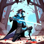 blood bodily_fluids hooded_cloak kneeling lightsaber male melee_weapon on_one_knee tears weapon avian bird corvid corvus_(genus) oscine passerine raven