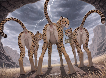 after_sex anus bedroom_eyes blue_eyes bodily_fluids butt cloud cum cum_drip cum_from_pussy cum_in_pussy cum_inside cum_on_butt cum_on_ground cum_on_leg dripping excessive_cum excessive_genital_fluids female feral genital_fluids genitals group holding_object holding_sign lightning looking_at_viewer looking_back looking_back_at_viewer narrowed_eyes presenting presenting_pussy pussy quadruped raining raised_tail rear_view savanna seductive sign smile storm take_your_pick text trio terraraptor cheetah felid feline mammal english_text
