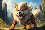 ambiguous_gender feral fluffy fluffy_tail neck_tuft open_mouth outside pokemon solo stripes tuft valley person111102 arcanine canid canine generation_1_pokemon mammal pokemon_(species)