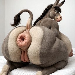 anthro anus big_breasts big_butt braided_hair breasts butt female fur genitals grey_body grey_fur hair on_knees puffy_anus pussy solo tail girlswithsnouts asinus donkey equid equine mammal hi_res