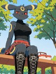anthro bare_shoulders basket bedroom_eyes bench big_breasts black_body black_fur blush boots bottomwear breasts clothed clothing container female footwear fur half-closed_eyes high_boots highlights_(coloring) laced_boots looking_at_viewer low-angle_view narrowed_eyes navel outside park pattern_bottomwear pattern_clothing pattern_skirt picnic_basket plaid plaid_bottomwear plaid_clothing plaid_skirt plant red_eyes seductive sitting skinny skirt sky smug smug_face solo sweater topwear tree turtleneck swiffer nintendo pokemon eeveelution generation_2_pokemon mammal pokemon_(species) umbreon hi_res