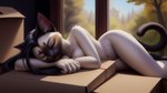 anthro box breast_squish breasts canineluvr19 cardboard cardboard_box cleavage clothed clothing container domestic_cat eyes_closed felid feline felis female hair hi_res long_hair mammal navel nude siamese sleeping slim solo solo_focus squish