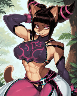 abs alternate_species anthro breasts clothing day detailed_background erect_nipples female furrification hair leaf muscular muscular_anthro muscular_female nipples plant smile smiling_at_viewer solo tree anonymous_director capcom street_fighter juri_han felid feline mammal hi_res
