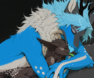 4_fingers anthro beak belly black_body black_fur blue_body blue_hair blue_tongue bodily_fluids claws duo embrace eyebrows eyes_closed female fingers fluffy fur green_tongue grey_eyebrows hair happy horn hug hugging_from_behind licking lying male male/female markings neck_tuft neutral_expression open_beak open_mouth saliva saliva_on_tongue size_difference slim smile spots spotted_body spotted_fur tongue tongue_out tuft white_belly white_markings oldhroft shadow_(oldhroft) stratos_(labradoor) avian nardoragon nardotaur taur velari hi_res