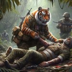 anthro backpack bandage bandages beard black_stripes blood blood_covered blood_on_ground blood_pool blood_splatter bodily_fluids boots clothing duo facial_hair footwear forest forest_background fur gore group gun hand_holding handgun headgear headwear jungle male markings military military_uniform nature nature_background orange_body orange_fur pistol plant ranged_weapon religious_clothing religious_headwear rifle sniper_rifle stars_and_stripes striped_body striped_fur striped_markings striped_tail stripes tail_markings teeth tree trio turban uniform united_states_of_america vietnam weapon wounded nikkolaus background_character felid human mammal pantherine tiger