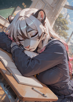 anthro book bottomwear clothing female fur school_uniform skirt sleeping solo uniform white_body white_fur window edge890 felid mammal pantherine tiger hi_res