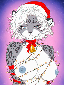 anthro bdsm bell big_breasts blue_eyes bondage bound bow_ribbon breasts christmas_clothing christmas_headwear christmas_lights clothing cosmic_background countershading emotionless female fur grey_body grey_fur grey_nipples hair headgear headwear looking_at_viewer nipples ribbon_bondage ribbons snow_leopard_markings solo white_body white_countershading white_hair loren_iipsum felid mammal pantherine snow_leopard hi_res