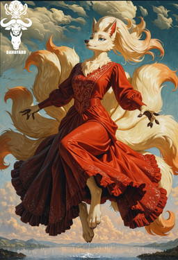 9_tails anthro barefoot black_claws black_nose blue_eyes claws clothing cloud dress feet female floating flying hill lake multi_tail ornate_gown plant red_clothing red_dress sky solo splash tree bahufaru nintendo pokemon generation_1_pokemon ninetales pokemon_(species) hi_res