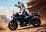 anthro clothing cloudscape desert ears_up female motorcycle outside police_uniform police_vehicle sky solo uniform vehicle zootopia hank94_(director) judy_hopps lagomorph leporid mammal rabbit hi_res