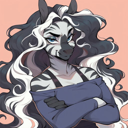 anthro big_hair black_ears black_hair black_markings black_nose blaze_(marking) blue_eyes breasts clothed clothing crossed_arms eyebrows eyeshadow facial_markings female fur grey_eyeshadow hair head_markings highlights_(coloring) long_hair looking_at_viewer makeup markings mature_female multicolored_hair off_shoulder outline pink_background pink_outline proud purple_clothing purple_topwear raised_eyebrow simple_background smile solo stripes topwear two_tone_hair wavy_hair white_body white_fur white_highlights dakka equid equine mammal zebra portrait