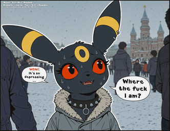 anthro black_collar blurred_background bodily_fluids city city_background clothed clothing collar crowd ear_piercing eyelashes female front_view fur group larger_human long_eyelashes looking_away multicolored_body multicolored_fur nervous_smile offscreen_character open_mouth outline piercing pokemorph profanity size_difference smaller_anthro snow snowing solo solo_focus speech_bubble spiked_collar spikes sweat text two_tone_body two_tone_fur wavy_mouth winter_clothing the_yiff_republic nintendo pokemon selena_(the_yiff_republic) eeveelution generation_2_pokemon human mammal pokemon_(species) umbreon absurd_res english_text hi_res meme