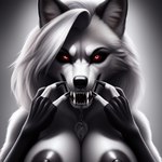 anthro areola armwear breasts canid canine canis clothing demon evil_grin female fur jewelry legoshi_brabo_ai looking_at_viewer loona_(helluva_boss) mammal necklace nipples nude red_eyes smile white_body white_fur wolf