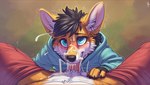 anthro ascar_the_maned_fox_(character) black_hair blue_eyes blush bodily_fluids canid canine clothing cum cum_in_mouth cum_inside cum_on_face duo fellatio fellatio_pov first_person_view fox genital_fluids hair hi_res hoodie male male/male mammal maned_wolf oral penile pinasheep69 sex topwear