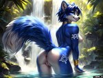 anthro anus blue_body blue_eyes blue_fur breasts butt canid canine female fluffy fluffy_tail fox fur genitals hi_res jewelry jungle krystal looking_at_viewer mammal mercrantos nipples outside plant presenting presenting_anus presenting_hindquarters presenting_pussy pussy smile solo tattoo tree waterfall