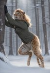 ai_tagging_(redrocket) anthro blonde_hair bottomless clothed clothing day detailed_background digitigrade female forest fur gloves golden_eyes hair handwear jacket markings outside plant smile snow solo spots spotted_body spotted_fur topwear tree whiskers director_crashbandit felid feline leopard mammal pantherine digital_media_(artwork) hi_res novelai