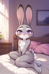 anthro bed blush breasts female furniture hands_between_legs hands_together inside looking_at_viewer nippleless nude_female on_bed pillow shy sitting sitting_on_bed small_breasts smile solo tail_motion tailwag zootopia tiny_mint judy_hopps lagomorph leporid mammal rabbit hi_res