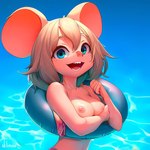 anthro areola arm_under_breasts big_ears bikini bikini_top blonde_hair blue_eyes breast_rest breasts clothing female floating hair hi_res mammal mouse murid murine nipples rodent sea sharp_teeth sklimaa smile solo swim_ring swimming swimwear teeth water