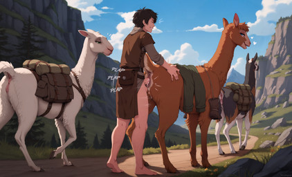 <3 after_sex animal_genitalia animal_pussy anus bag balls barefoot bestiality black_body black_fur blue_eyes bodily_fluids body_hair brown_body brown_fur clothed clothed_sex clothing countershading cum cum_drip cum_in_pussy cum_inside discarded_clothing dripping ears_back emanata eyes_closed fantasy feet female female_feral feral feral_penetrated from_behind_position fur genital_fluids genitals green_eyes group hand_on_butt happy happy_sex horizontal_pupils human_on_feral human_penetrating human_penetrating_feral interspecies larger_female leg_hair looking_at_another looking_back looking_pleasured male male/female male_human male_on_feral medieval medieval_clothing mountain outside partially_clothed penetration penile penile_penetration penis penis_in_pussy pivoted_ears pupils pussy raised_tail satchel sex size_difference smaller_male standing trail vaginal vaginal_penetration walking white_body white_countershading white_fur terraraptor world_of_midria camelid human llama mammal 3wolfmondaisdg_(model) director_name hi_res