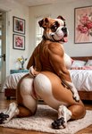 anthro anus bed bedroom breasts butt carpet female furniture genitals kneeling nipples nude pussy raised_tail rear_view solo tongue tongue_out carnivalecloudmuncher bulldog canid canine canis domestic_dog mammal mastiff molosser attempted_signature hi_res