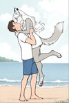 anthro beach clothing dress duo eyes_closed female hair human_on_anthro interspecies kissing lifting_partner male male/female romantic romantic_couple seaside white_hair canid canine canis human mammal wolf hi_res