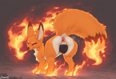 animal_genitalia animal_pussy anus big_butt big_pussy bodily_fluids butt canine_genitalia canine_pussy female feral fire genitals looking_at_viewer looking_back looking_back_at_viewer narrowed_eyes pussy quadruped raised_tail rear_view smile solo sweat sweaty_butt tail zamiai palworld canid canine fox foxparks mammal pal_(species) absurd_res hi_res