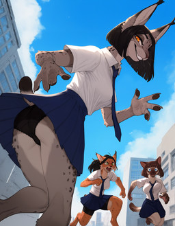 anthro biped blue_eyes bottomwear breasts city clothing female fur green_eyes group inner_ear_fluff necktie orange_eyes panties pleated_skirt prick_ears running school_uniform skirt spots spotted_body spotted_fur trio tuft underwear uniform anonymous_director invoke_high felid feline mammal hi_res