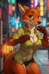 anthro bottomwear breasts city city_background cleavage cleavage_overflow clothed clothing crossgender cutoffs denim denim_clothing eyebrows female hand_on_breast leaning leaning_forward looking_at_viewer mtf_crossgender neon_lights raised_eyebrows shorts smile solo zootopia cynfall nick_wilde canid canine fox mammal