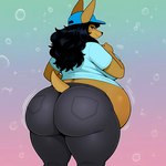 anthro big_breasts big_butt bottomwear breasts bubble_butt butt clothed clothing female fur hair hat headgear headwear looking_at_viewer pants pregnant pregnant_female rear_view shirt solo tail thick_thighs topwear wide_hips luuklook canid canine canis jackal mammal absurd_res hi_res