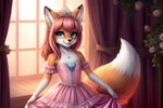 anthro blue_eyes canid canine clothed clothing crossdressing crown curtains dress fox gloves handwear happy male mammal princess royalty smile smiling_at_viewer solo tiara twinklespark