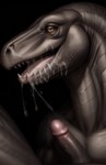 absurd_res after_sex ambiguous_gender ambiguous_species anthro big_nose bodily_fluids brown_eyes cum cum_drip cum_in_mouth cum_inside cum_on_penis cum_string dark_body dark_skin dinosaur drinking drinking_cum dripping dromaeosaurid duo excessive_cum excessive_genital_fluids faceless_character faceless_human genital_fluids genitals half-closed_eyes hi_res human interspecies looking_at_viewer male male/ambiguous mammal narrowed_eyes open_mouth open_smile penis reptile scales scalie sex sharp_teeth shuffur smile teeth theropod