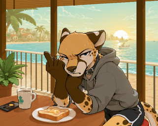 annoyed anthro beverage blue_eyes boat bodily_fluids bottomwear bread cellphone city cityscape clothed clothing coffee collar facial_piercing food front_view fully_clothed fur furniture gesture gym_bottomwear gym_clothing gym_shorts hand_on_chin hangover hoodie looking_at_viewer male markings middle_finger morning nose_piercing palm_tree phone piercing plant sea seaside septum_piercing shorts sitting solo spots stool sun sunrise sweat table tail_markings tan_body toast topwear tree vehicle water watercraft white_body white_fur plapenjoyer cheetah felid feline mammal digital_media_(artwork) hi_res pixel_(artwork)