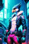 abs anthro athletic athletic_anthro athletic_male beak city clothed clothing cybernetic_arm cybernetic_limb cybernetics cyberpunk feathers jacket_only machine male multicolored_body smile solo topwear white_body yellow_beak birdovo avian bird falcon falconid hi_res