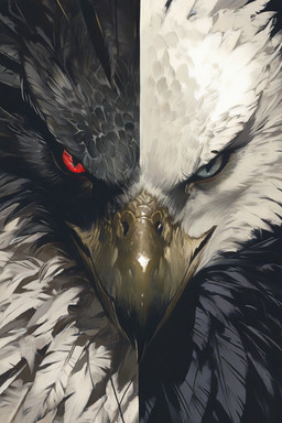 beak black_body black_feathers face_focus feathers grey_eyes heterochromia looking_at_viewer male red_eyes smile solo split_image white_body white_feathers yellow_beak kbi accipitrid accipitriform avian bird eagle