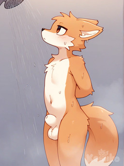 animal_genitalia anthro balls blush ears_down fur genitals hands_behind_back male navel nude nude_anthro nude_male orange_body orange_fur pivoted_ears sheath shower showering solo standing tail wet wet_body wet_fur white_balls white_body white_fur white_sheath mrpenyak canid canine fox mammal hi_res