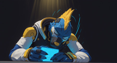 4_fingers anthro blue_body blue_fur cinematic clothing cybernetic_arm cybernetic_limb cybernetic_torso cybernetics cyberpunk eyes_closed fingers fur futuristic futuristic_armor futuristic_clothing hood hoodie light looking_down machine male mohawk motion_lines smile smirk solo techwear topwear yellow_body yellow_fur markrhey mascot_2025 canid canine canis mammal wolf hi_res lighting