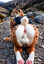 all_fours anthro anus backpack backsack balls big_butt brown_body brown_fur butt cheek_tuft clothing detailed_background ear_tuft ears_up facial_tuft femboy flirting fluffy fluffy_balls fluffy_tail fur genitals kneeling_on_ground looking_at_viewer looking_back looking_back_at_viewer male mountains nature nature_background on outdoor_nudity outdoors pawpads photorealism photorealistic presenting presenting_anus presenting_hindquarters realistic realistic_fur realistic_lighting rear_view smile solo spots spotted_body spotted_fur tan_body tan_fur topwear tuft vest white_body white_fur wide_hips anonymous_director felid feline lynx mammal animated hi_res webm