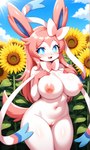 anthro big_breasts big_ears breasts curvaceous curvy_figure female flower genitals glistening glistening_body hair nude plant pussy smile solo voluptuous gobabsnow nintendo pokemon eeveelution generation_6_pokemon pokemon_(species) sylveon invalid_tag absurd_res hi_res