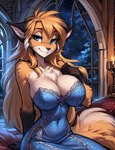 anthro bedroom_eyes big_breasts blue_eyes breasts candle canid canine chest_tuft cleavage clothed clothing dress female fox fur gloves_(marking) hair hi_res long_hair looking_at_viewer mammal markings mike_(twokinds) narrowed_eyes night nipple_outline orange_body orange_fur seductive sitting smile smiling_at_viewer solo tuft twokinds white_body